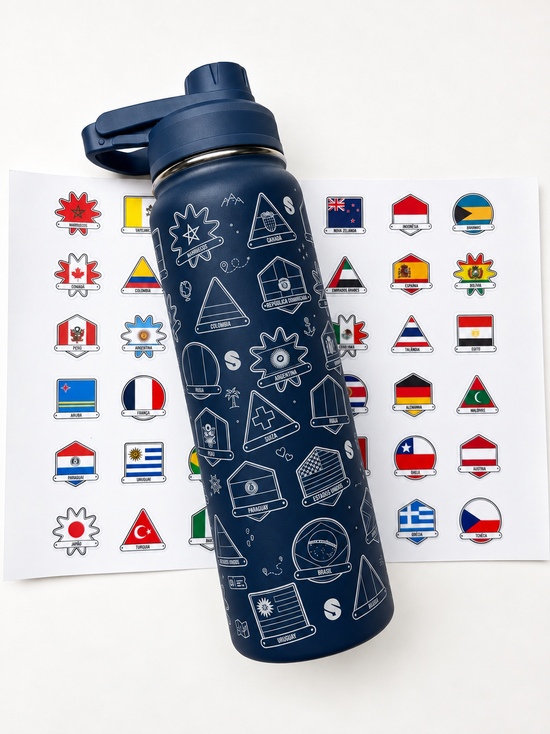 Garrafa Térmica Destinos 850 ml + Adesivos de Países | Simbora - Azul-marinho