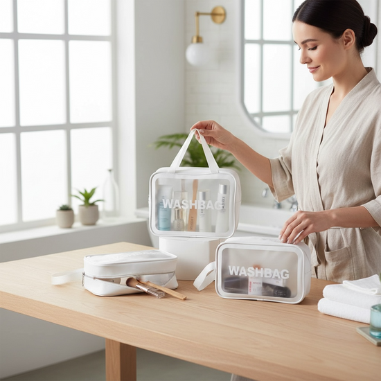 Kit de Necessaires Transparentes – Organizador de Viagem (3 peças) - Branco