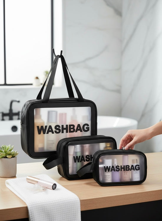 Kit de Necessaires Transparentes – Organizador de Viagem (3 peças) - Preto