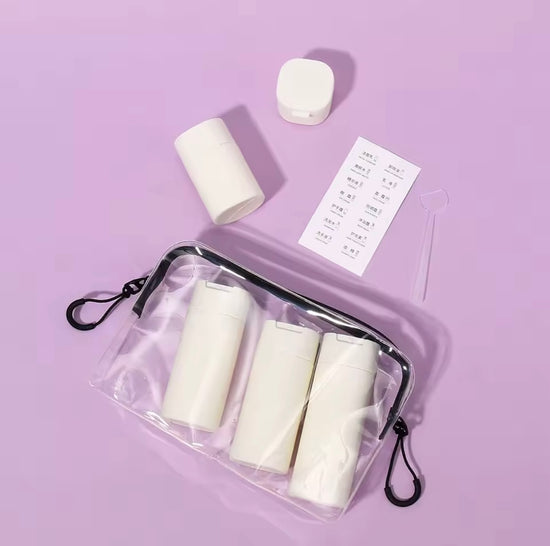 Kit de Frascos de Viagem – 8 itens com Nécessaire Transparente